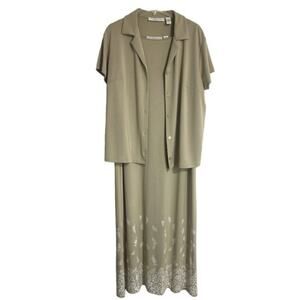 Josephine Chaus 2-Piece Maxi Dress Set 1X Tan Neutral Floral Duster Blouse Plus